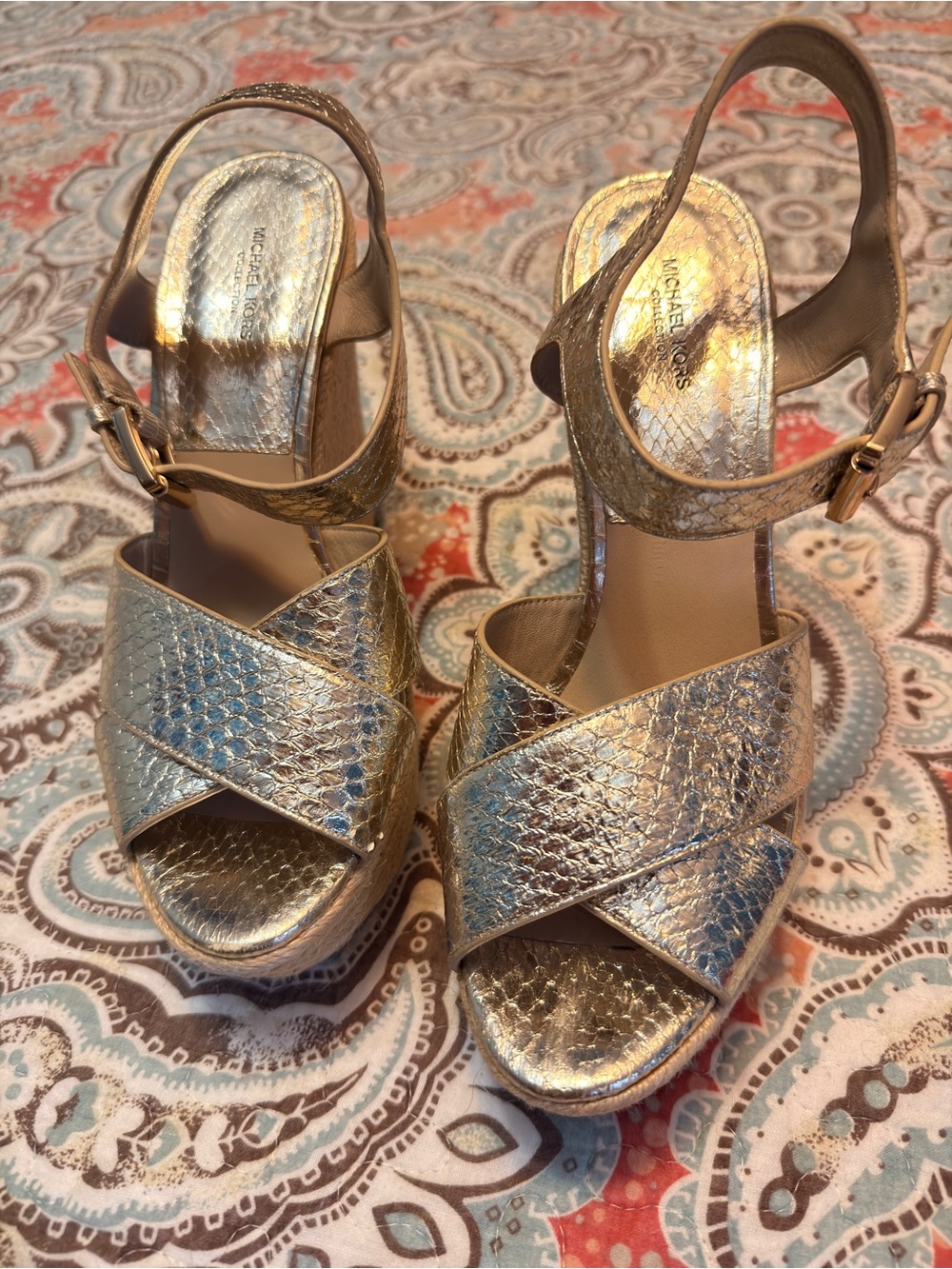 Michael Kors Collection Gold Crisscross Platform Slingback Sandals